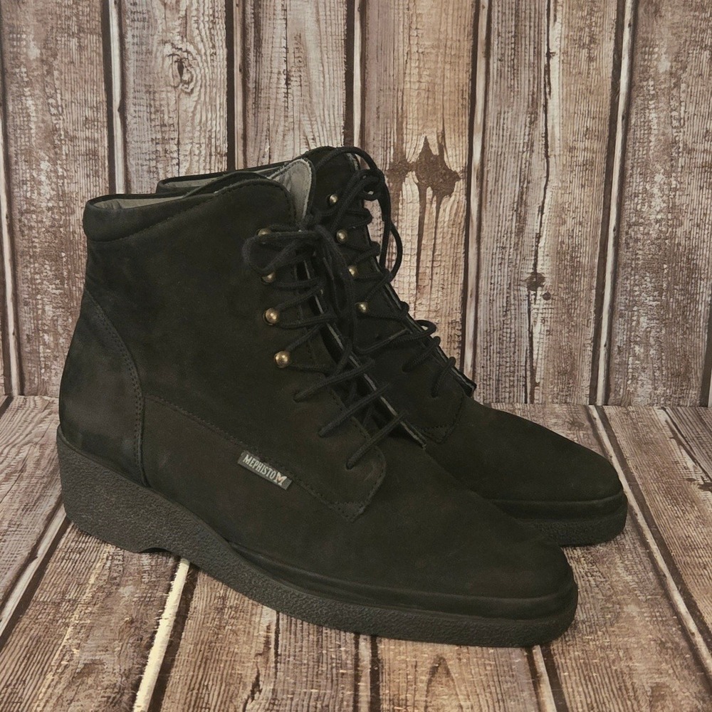 Sz 6.5 US Mephisto Petula Air-Jet Black Nubuck Lace Up Wedge Ankle Boots EUC!